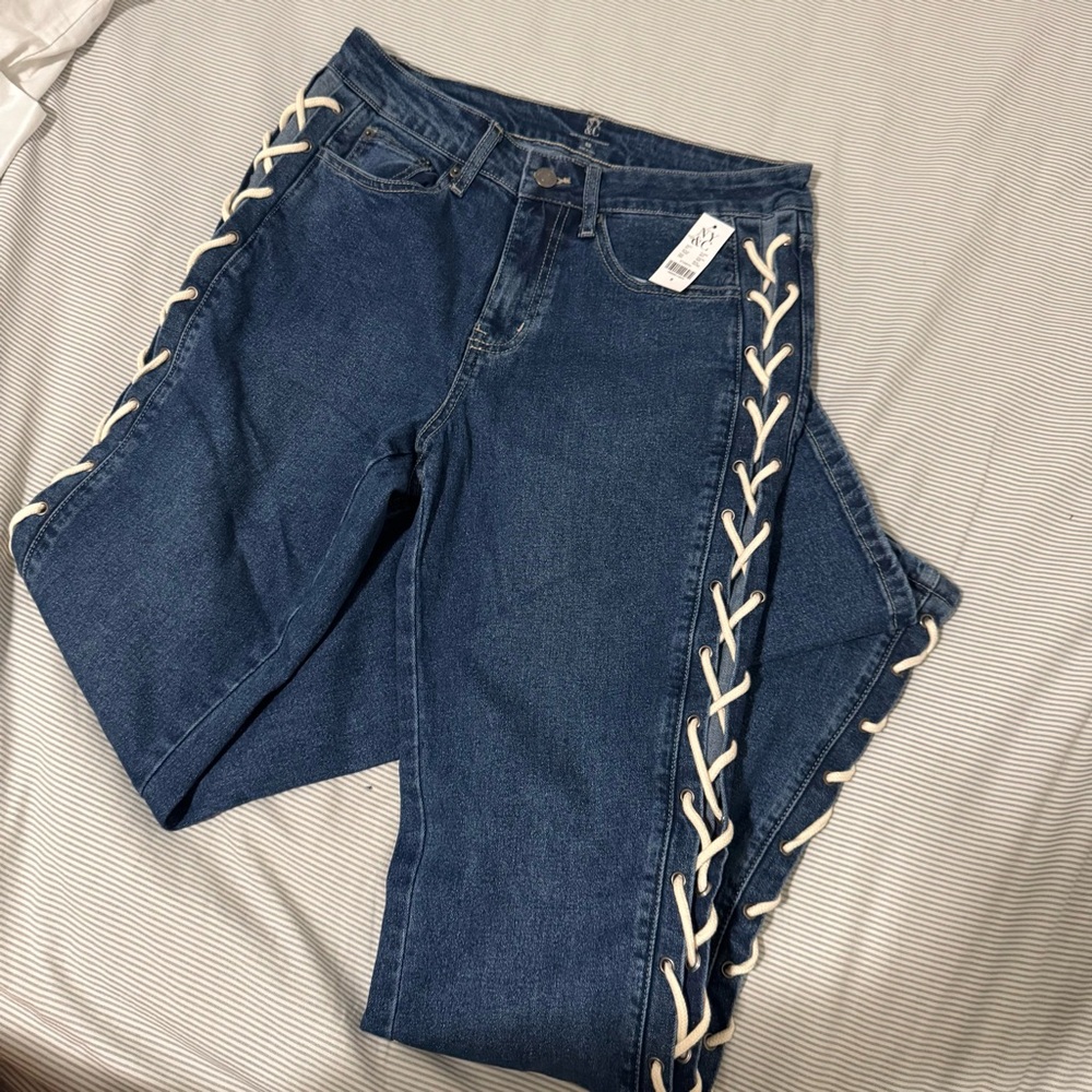 New York & Company - High Waisted Lace-Up Bootcut Jeans-
Medium Washed